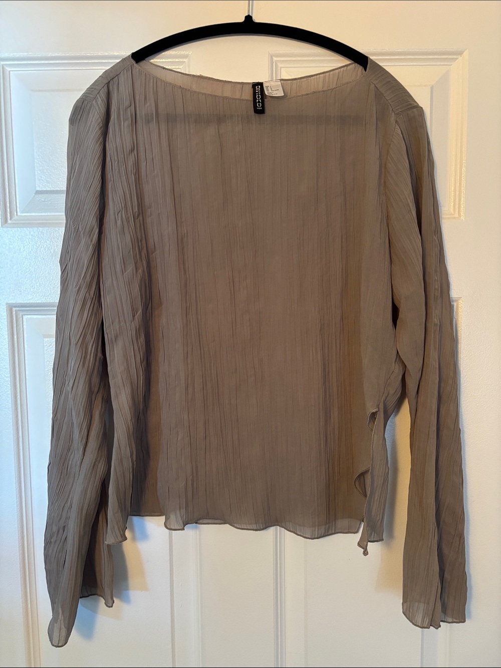 H&M Taupe Gray Crinkled Sheer Long-Sleeve Blouse